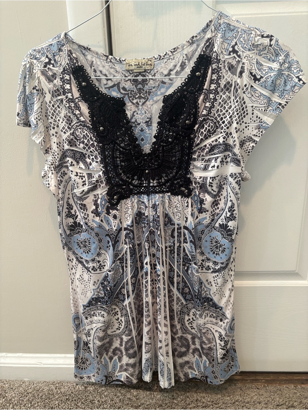 Petite M Live and Let Live Light Blue and Black Paisley Lace-Trim Top